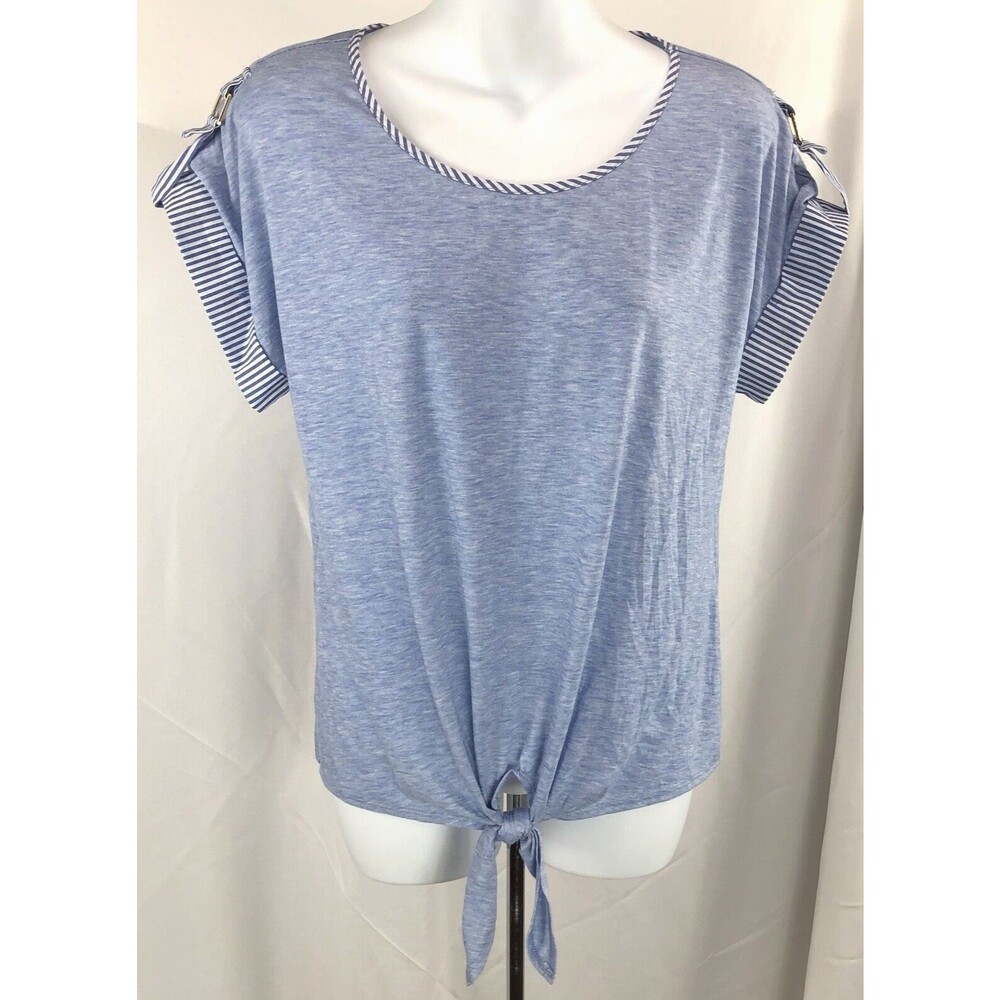 Parallel skies tie front top M blue Cuffed shortsleeve scoop neck buckle accents